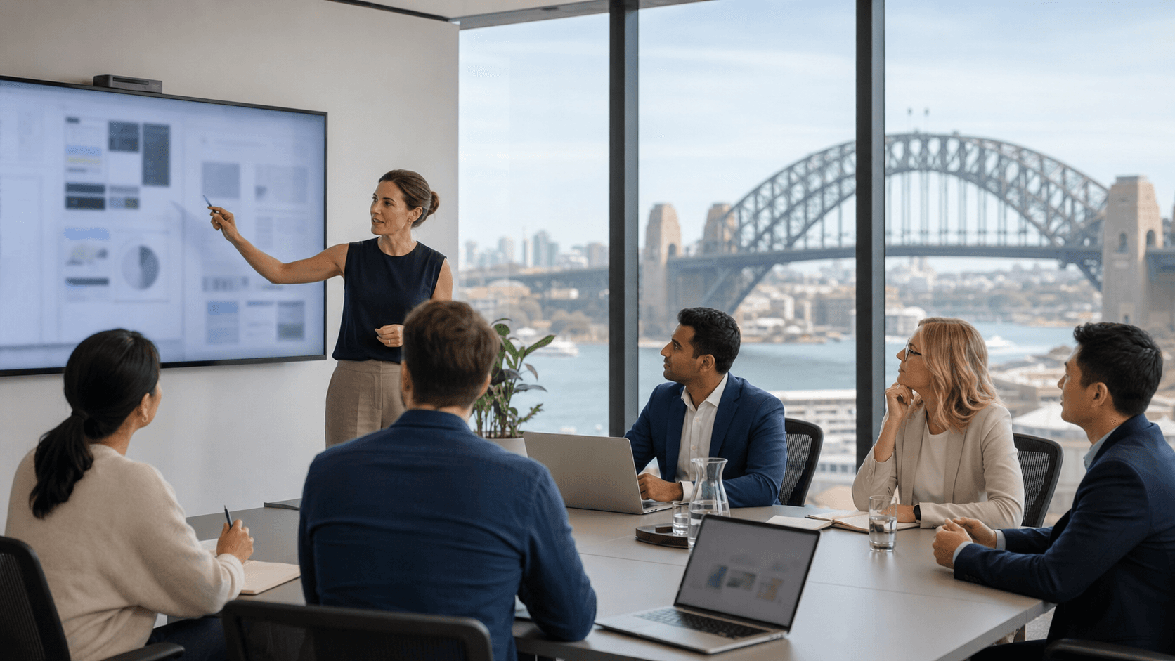 Modern Sydney skyline at dusk behind a laptop with glowing code, blue tones, minimalist corporate composition